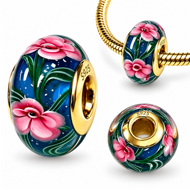 Charm pour bracelet en verre bleu marine à fleurs roses et doré