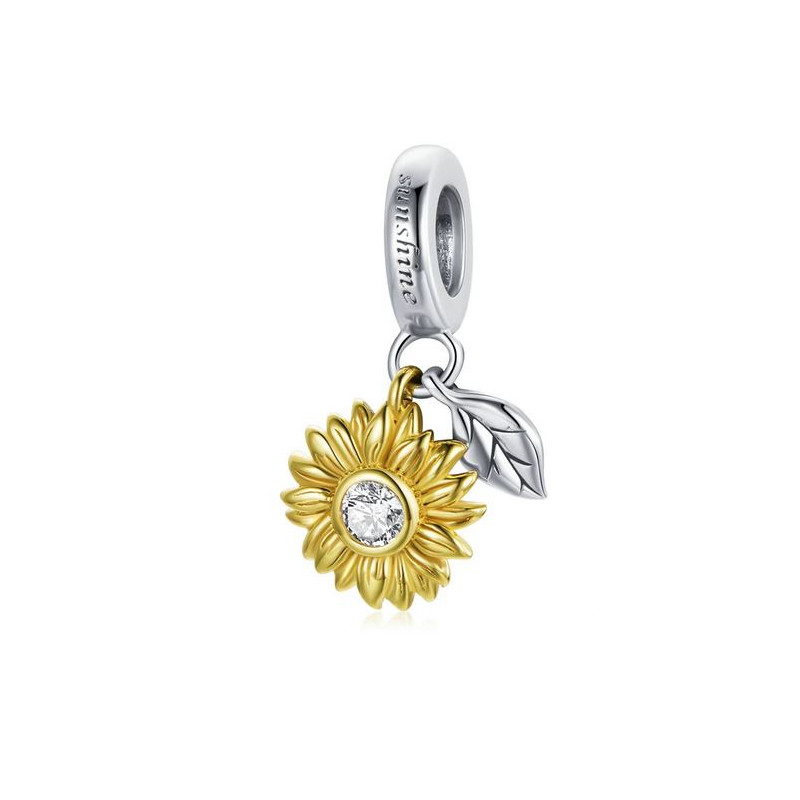 Charm pour bracelet argent fleur tournesol or plume