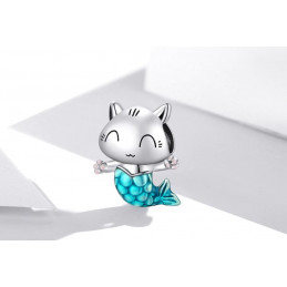 Charm pour bracelet argent chat sirène bleu WS