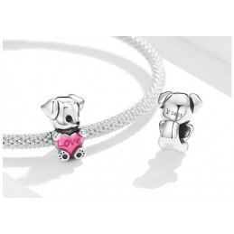 Charm pour bracelet argent chien love coeur rose