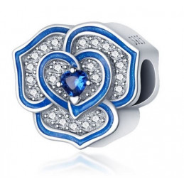 Charm bijoux pendentif argent grande fleur bleu strass diamant QS