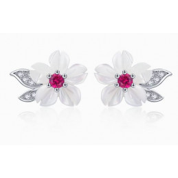 boucles d'oreilles bijoux argent fleur blanche pierre rose feuille strass BS