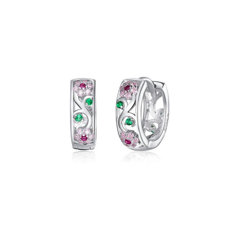 boucles d'oreilles bijoux argent fleur pierre rose verte BS