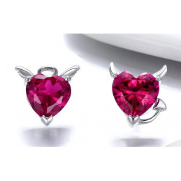 boucles d'oreilles bijoux argent asymétrique coeur pierre rose ange diable BS