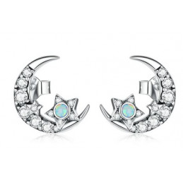 boucles d'oreilles bijoux argent étoile sur lune strass diamant pierre bleu BS