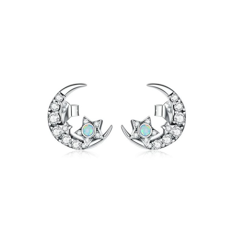 boucles d'oreilles bijoux argent étoile sur lune strass diamant pierre bleu BS