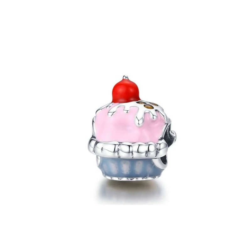 Charm bijou pour bracelet argent cupcake rose cerise