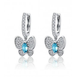 boucles d'oreilles bijoux argent papillon diamant strass bleu BS