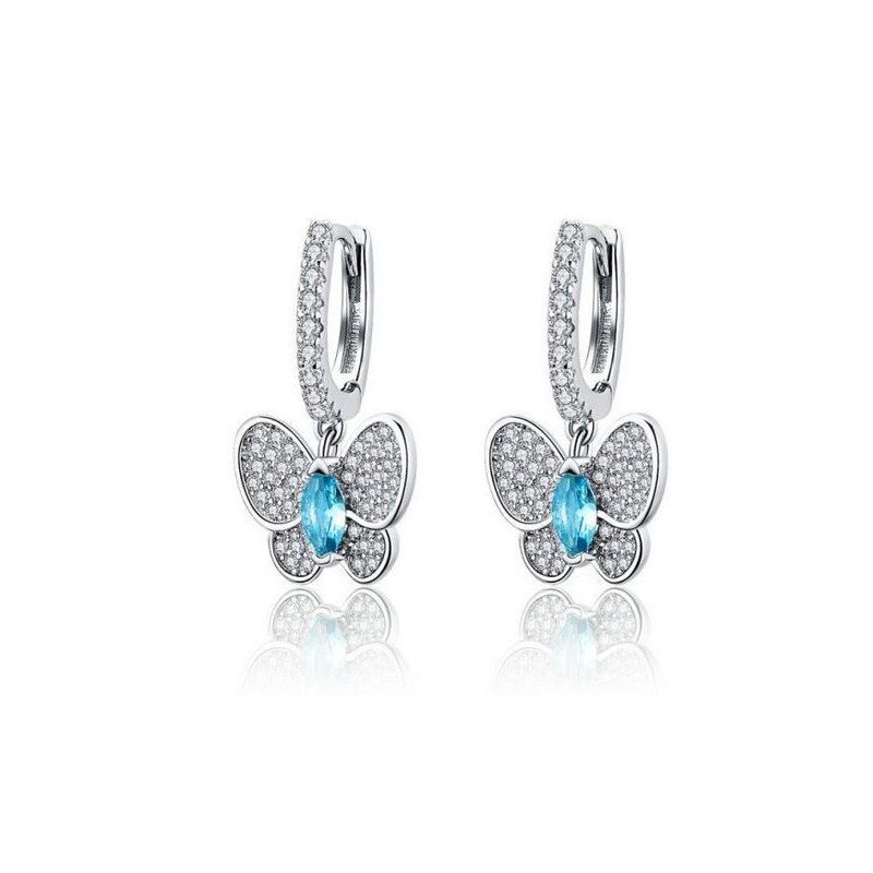 boucles d'oreilles bijoux argent papillon diamant strass bleu BS