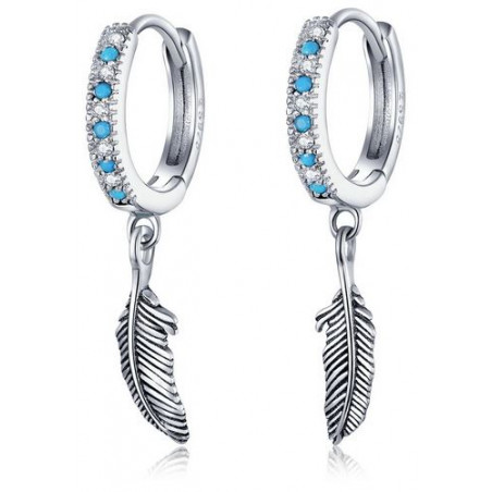 boucles d'oreilles bijoux argent plume anneau strass bleu BS