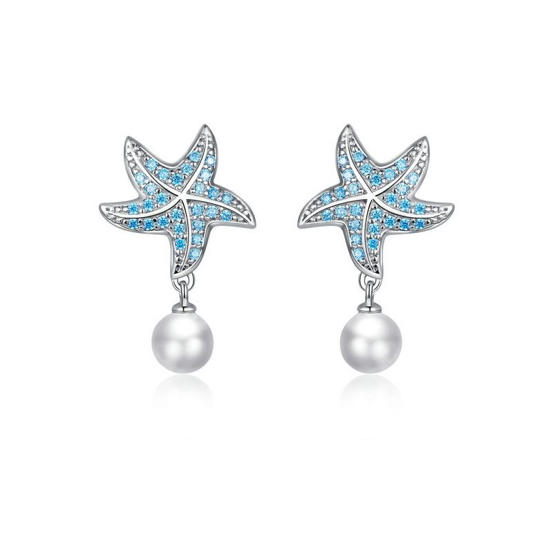 boucles d'oreilles bijoux argent étoile de mer pierre bleu perle blanche BS