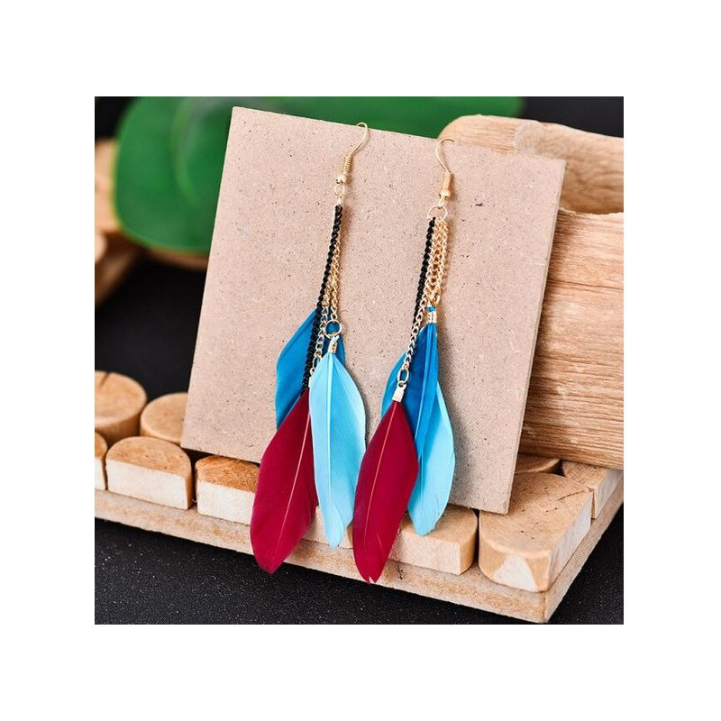 boucles d'oreilles bijoux 3 plumes bleu rouge bordeau bohème chaine or YK