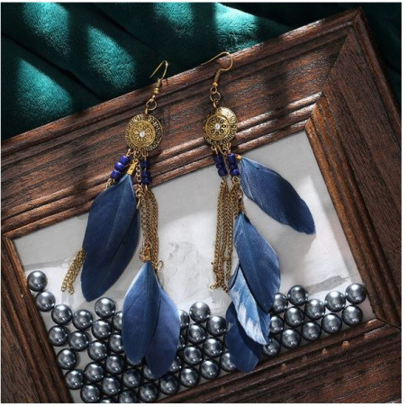 boucles d'oreilles bijoux bohème plume bleu longue chaine or fleur soleil YK