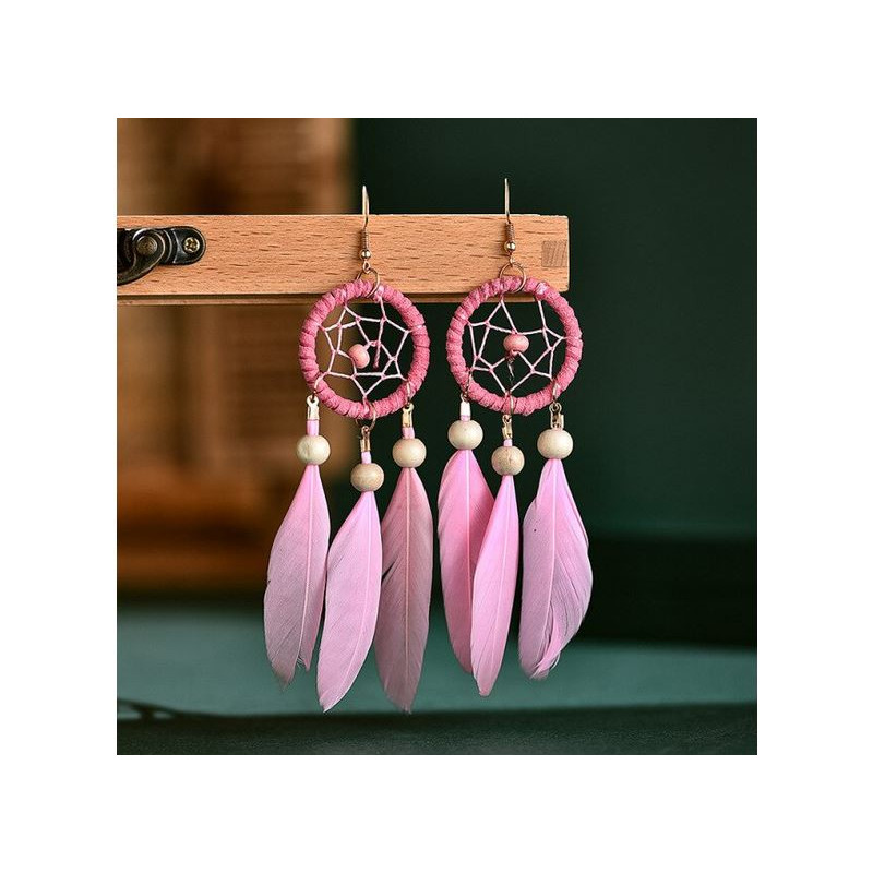 boucles d'oreilles bijoux bohème plume rose perle bois YK