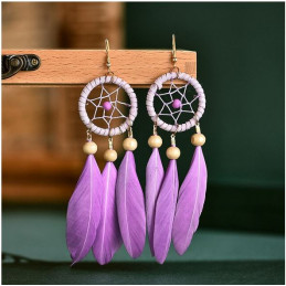 boucles d'oreilles bijoux bohème plume violette perle bois YK