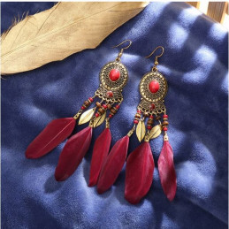 boucles d'oreilles bijoux bohème plume rouge bordeau et or YK