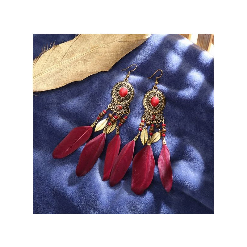 boucles d'oreilles bijoux bohème plume rouge bordeau et or YK