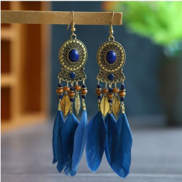 boucles d'oreilles bijoux bohème plume bleu et or YK