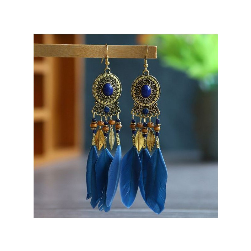 boucles d'oreilles bijoux bohème plume bleu et or YK