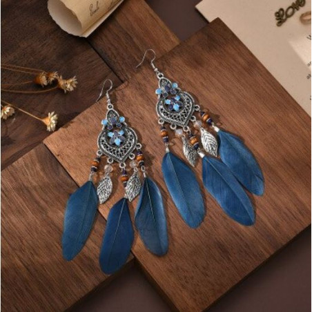 boucles d'oreilles bijoux bohème plume bleu et argent YK