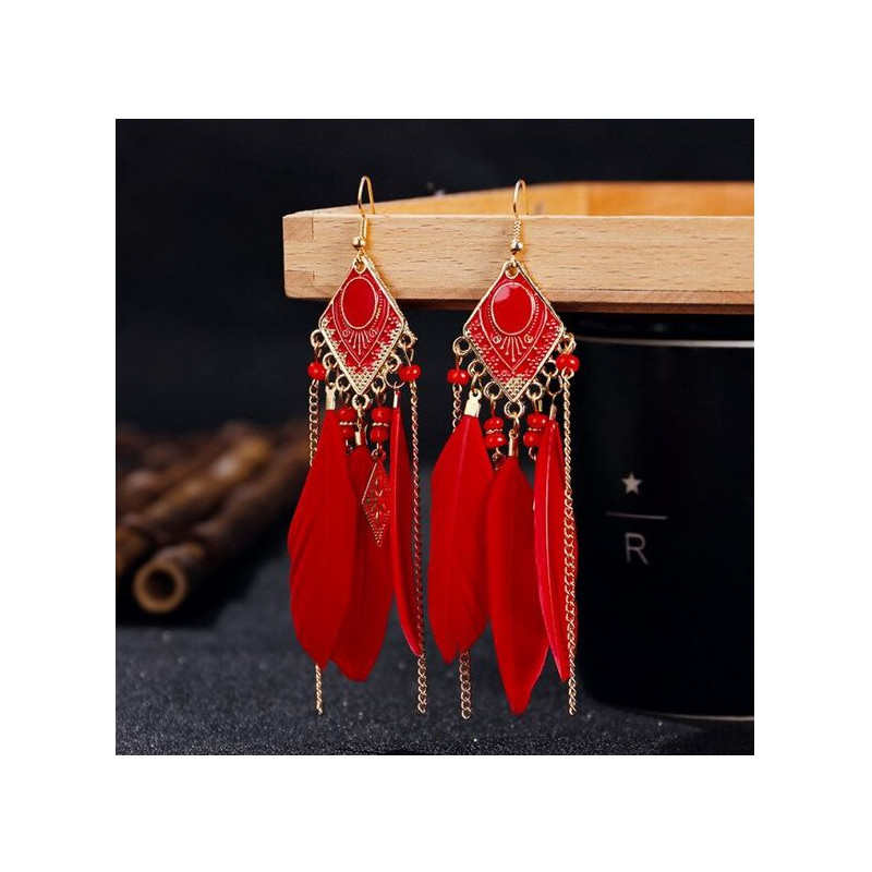 boucles d'oreilles bijoux bohème plume rouge losange or YK