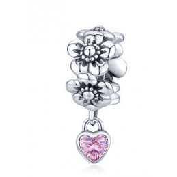 Charm bijoux pendentif argent collier de fleurs coeur strass rose BS
