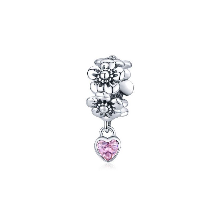 Charm bijou pour bracelet collier de fleurs coeur strass rose