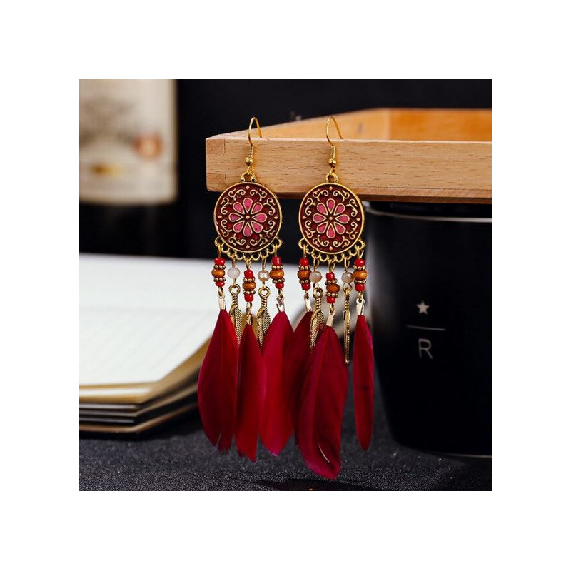 boucles d'oreilles bijoux bohème plume rouge bordeau perle fleur YK