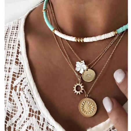 Collier or long 4 chaines soleil fleurs blanche BF