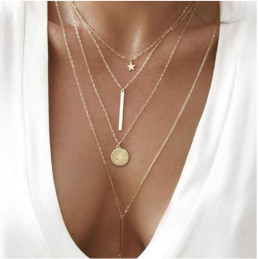 Collier or long 4 chaines soleil étoile barre BF