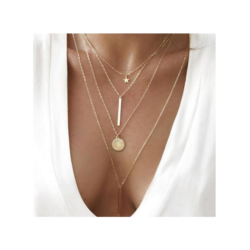 Collier or long 4 chaines soleil étoile barre BF