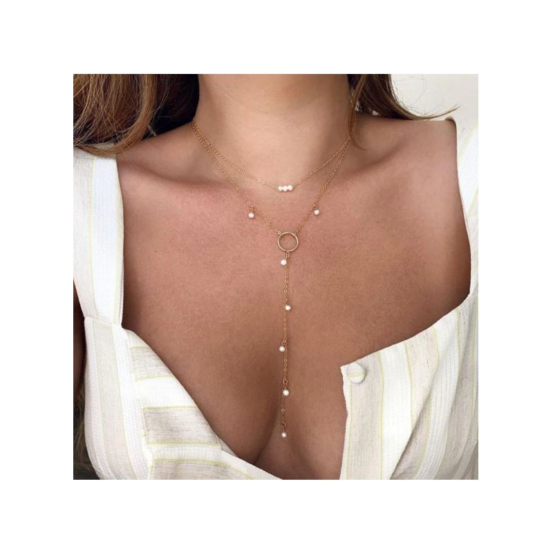 Collier or long chaines anneau perle BF