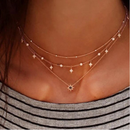 Collier or long chaines étoile perle BF