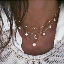 Collier or long 3 chaines étoile lune BF