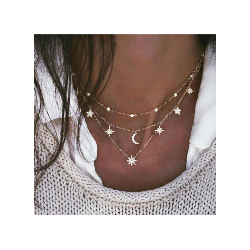 Collier or long 3 chaines étoile lune BF