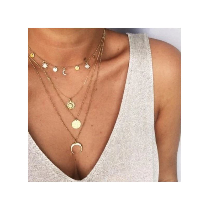 Collier or long soleil étoile lune BF