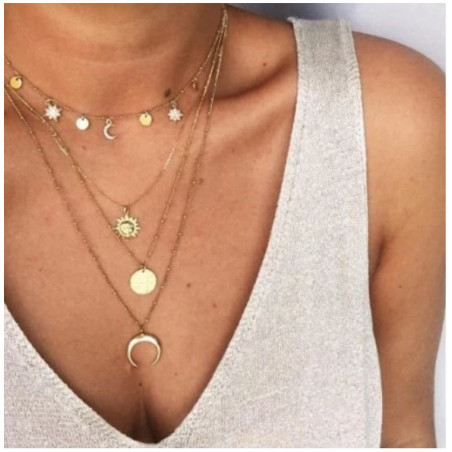 Collier or long soleil étoile lune BF