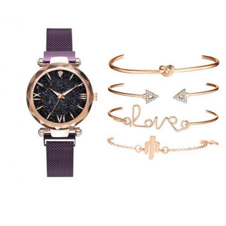Montre femme ciel étoilé violet bracelets love noeud
