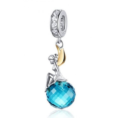 Charm bijou pour bracelet fée clochette aile or sur pierre bleue