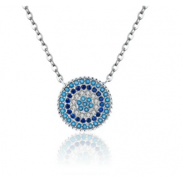 Collier argent pendentif rond strass diamant bleu
