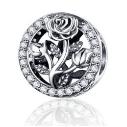 Charm bijoux pendentif argent fleur rose bouton et fleur strass diamant BS