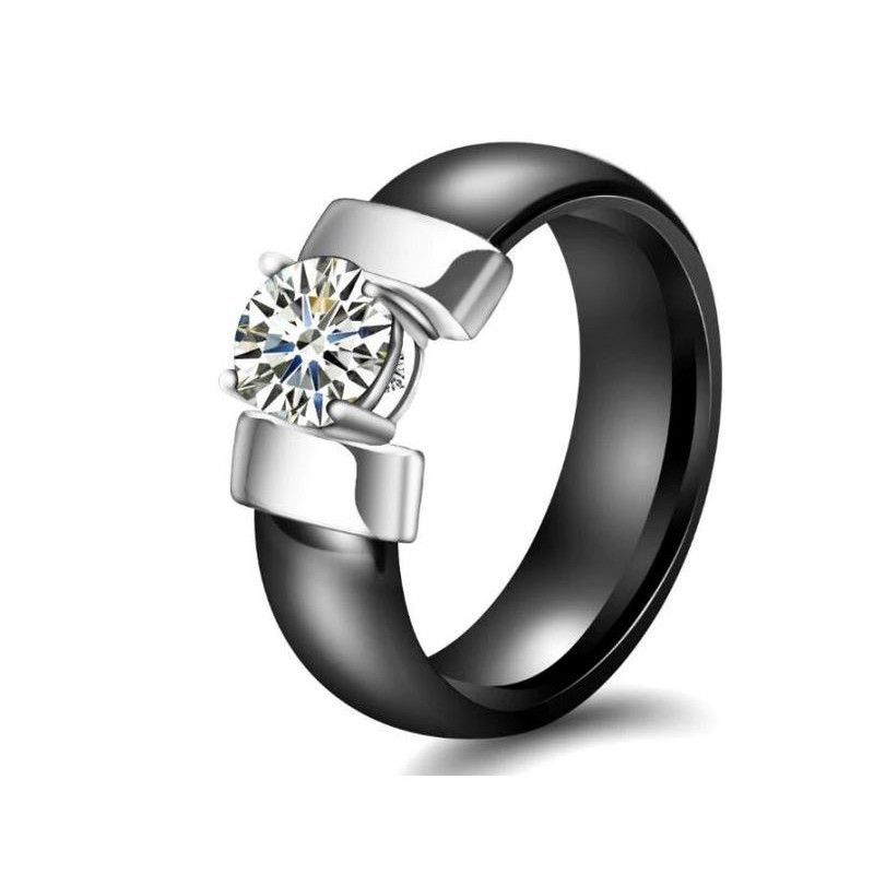Bague anneau noir nacré support diamant argent VQ