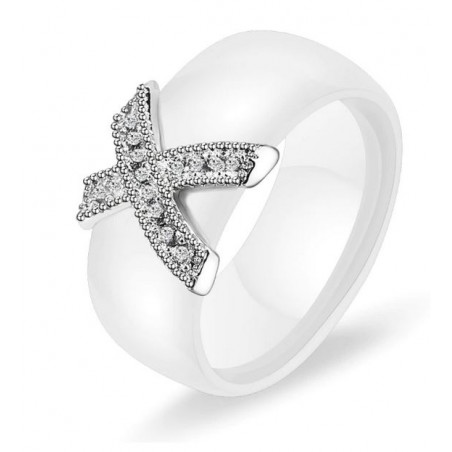 Bague anneau blanc nacré diamant forme de X argent VQ