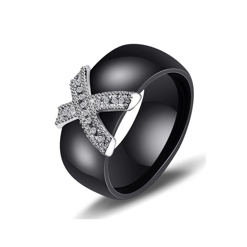 Bague anneau noir nacré diamant forme de X argent VQ