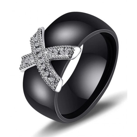 Bague anneau noir nacré diamant forme de X argent VQ
