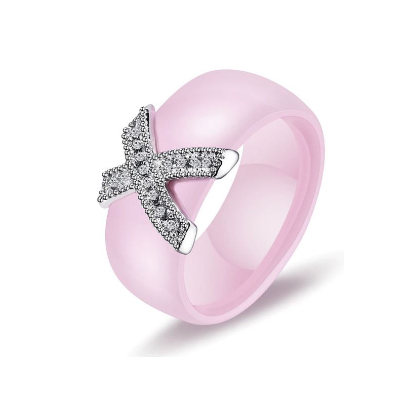 Bague anneau rose nacré diamant forme de X argent VQ