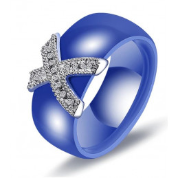 Bague anneau bleu nacré diamant forme de X argent VQ