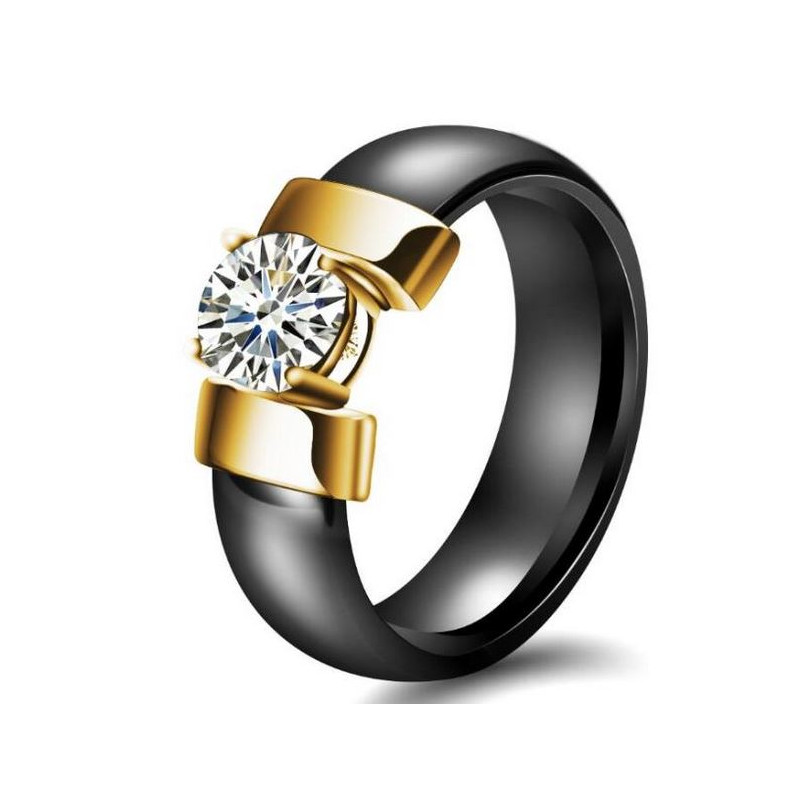 Bague anneau noir nacré support diamant or VQ
