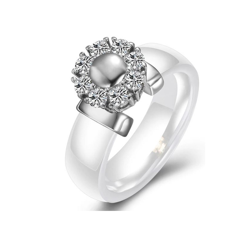 Bague anneau blanc nacré support gros diamant argent VQ
