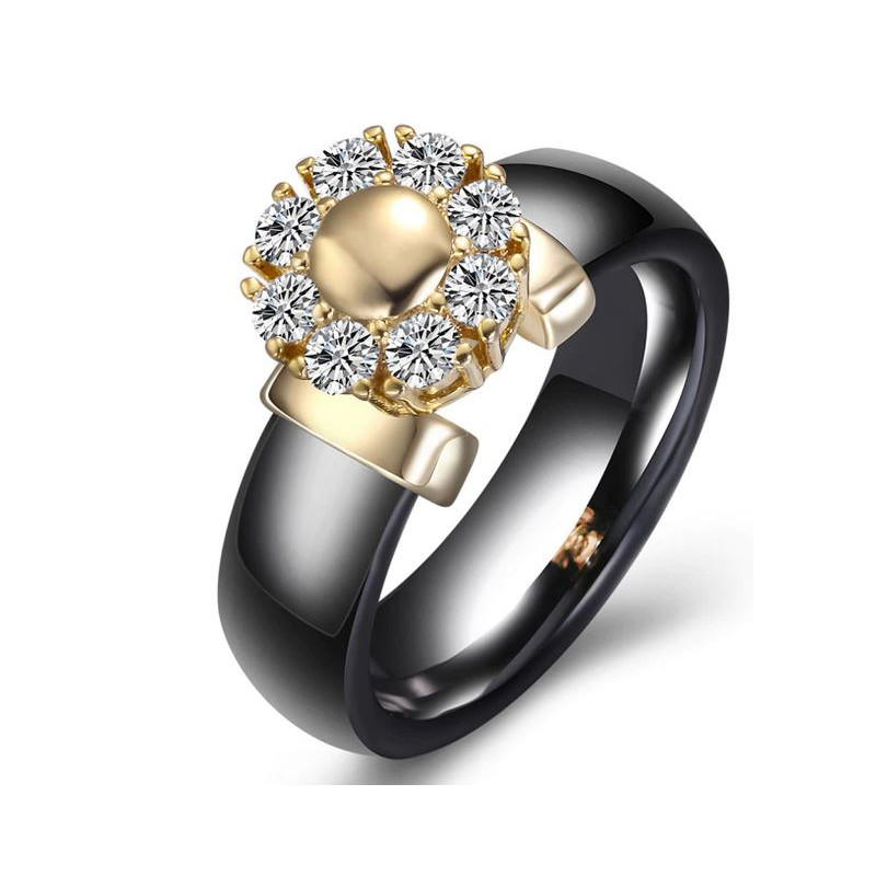 Bague anneau noir nacré support gros diamant or VQ